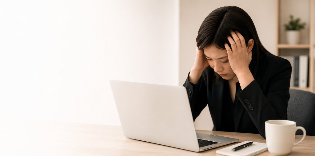 辦公桌前扶額的同仁，象徵系統與流程卡關造成的負擔