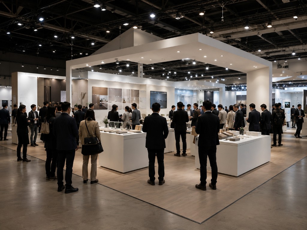 大型展覽會場中品牌白色攤位與參觀人潮