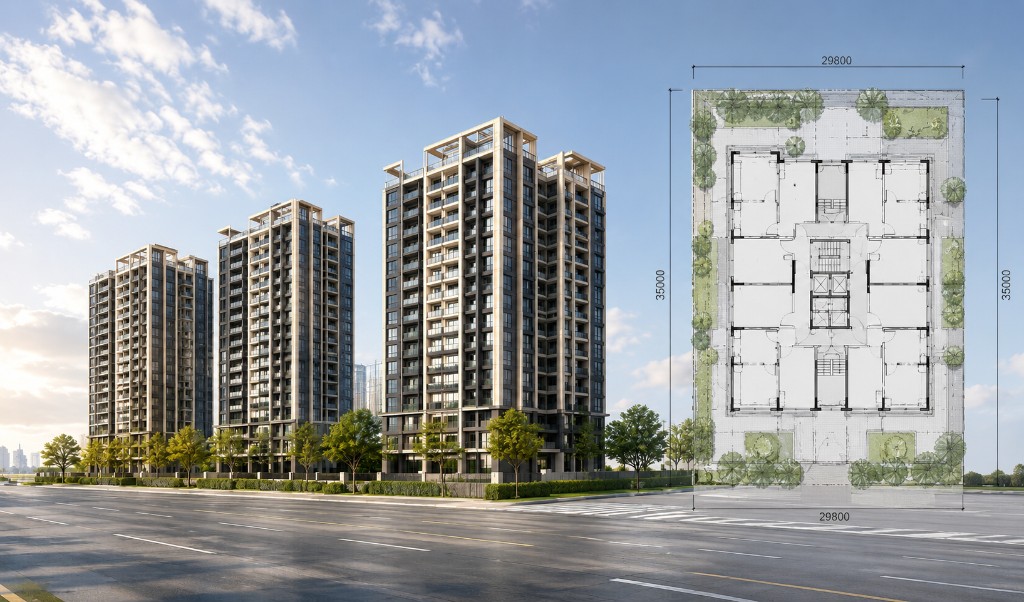 建案外觀與平面配置示意，凸顯平面與模型難以傳達真實居住感