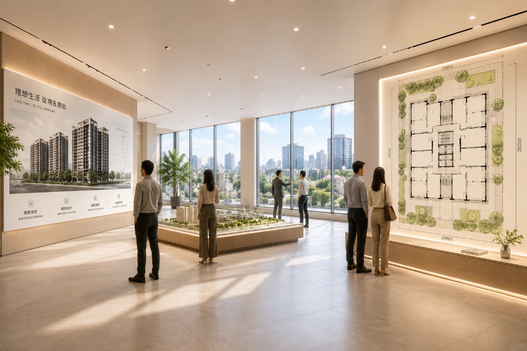 銷售中心實體模型與靜態看板，凸顯現場展示空間與戶型覆蓋有限