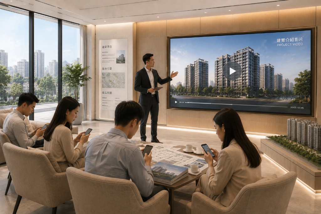 建案介紹影片播放中，客戶卻各自滑手機，凸顯單向展示難以留住注意力